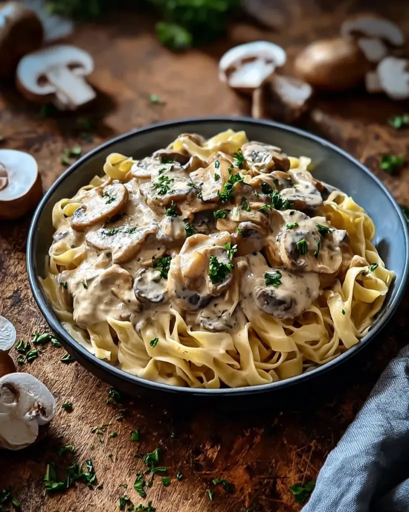 Cremiges Hühnchen-Pilz-Stroganoff auf einem Teller serviert