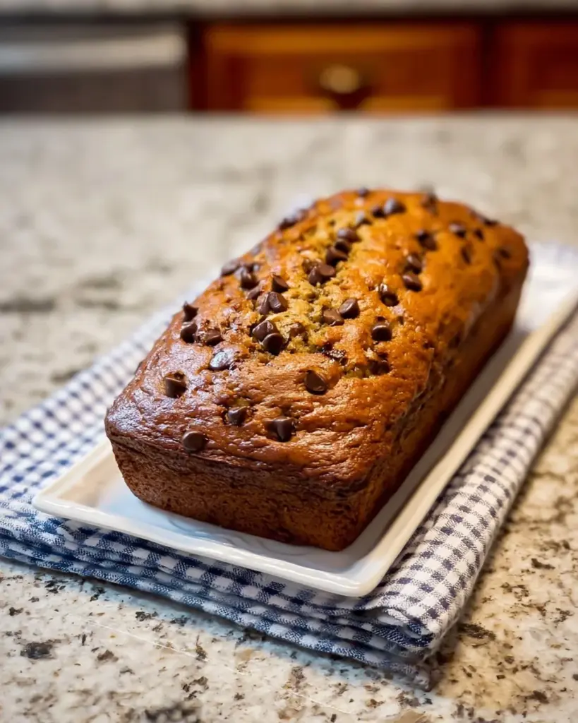 Dekadentes Schokoladen-Bananenbrot im Hintergrund mit einer Tasse Kaffee