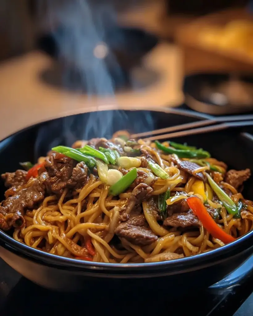 Mongolisches BBQ-Pfannengericht mit frischen Zutaten und aromatischem Geschmack.