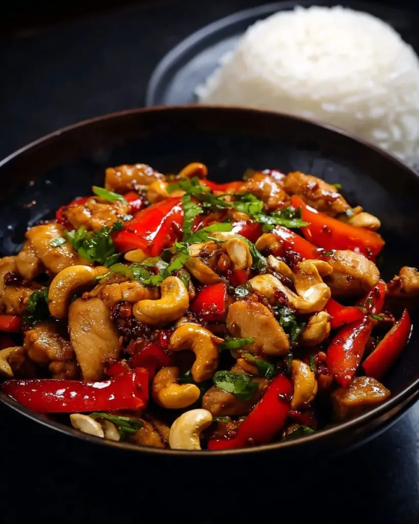 Leckeres Thai Cashew-Hühnchen in einer Pfanne zubereitet mit frischen Zutaten.