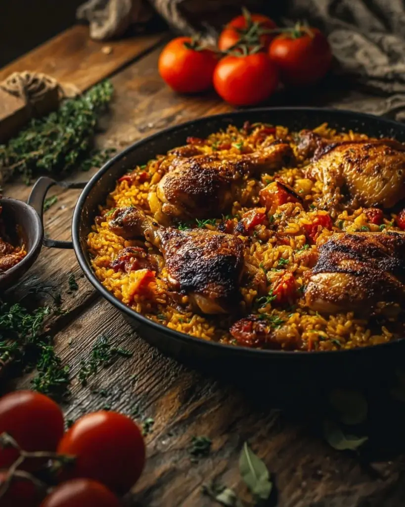 Einfache Ein-Pfannen Spanische Hühnchen und Reis für ein schnelles Abendessen