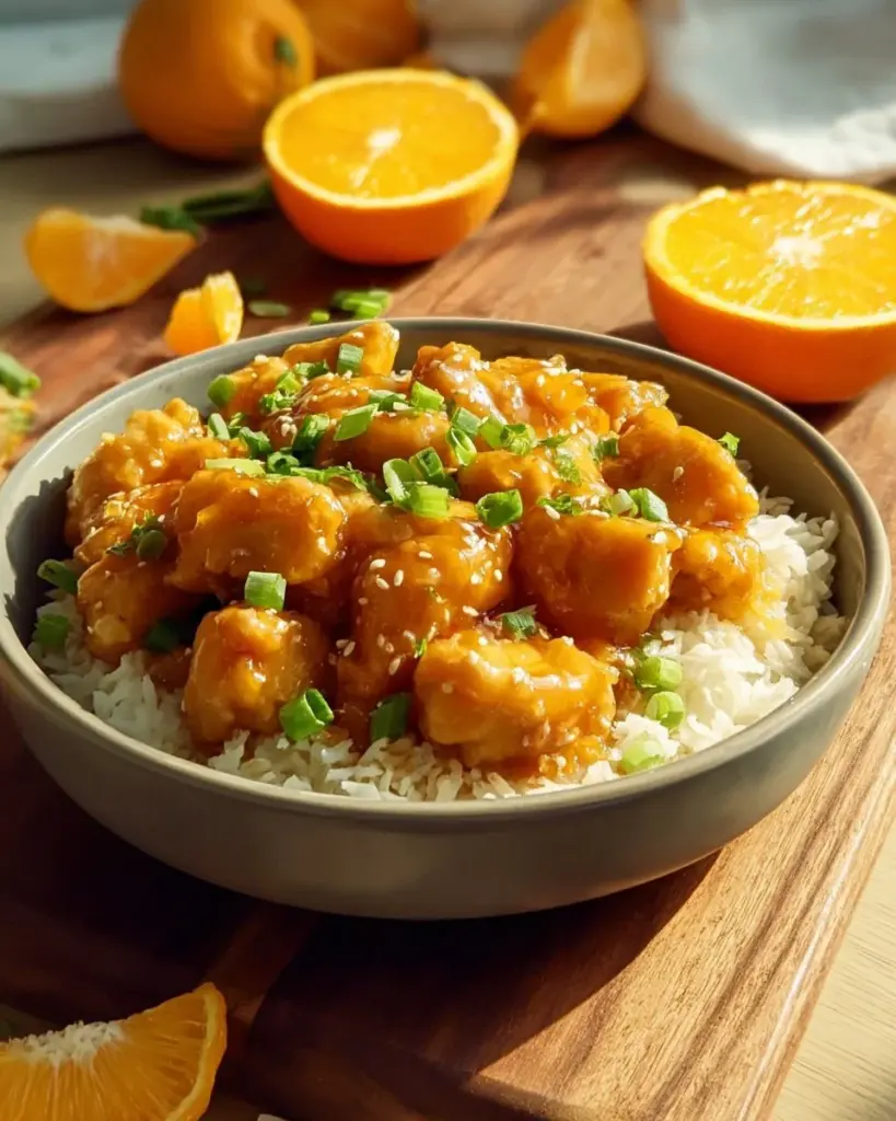 Ein einfaches Rezept für Orangenhühnchen, serviert mit frischen Orangen.