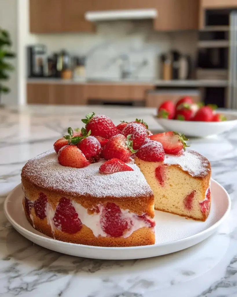Erdbeer-Cheesecake-Pfundkuchen mit frischen Erdbeeren und Sahne