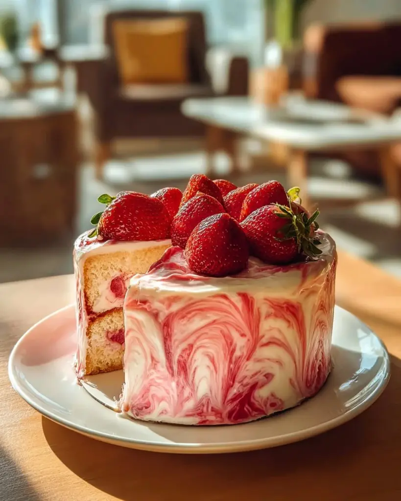 Leckerer Erdbeerwirbel-Frischkäsekuchen mit Erdbeeren und Frischkäse-Topping