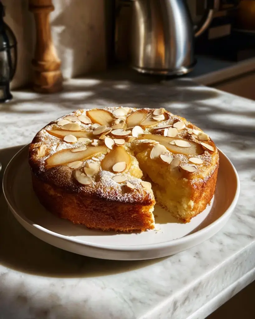 Schichten von Honig-Birnen-Mandelkuchen auf einem Teller serviert