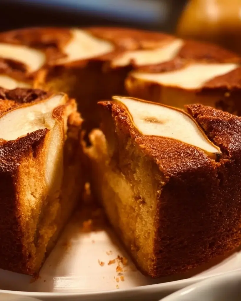 Ingwer-Birnen-Gewürzkuchen auf einer rustikalen Holzplatte