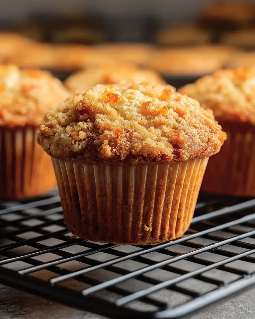 Ein Teller mit frisch gebackenen Karottenmuffins auf einem rustikalen Holztisch.