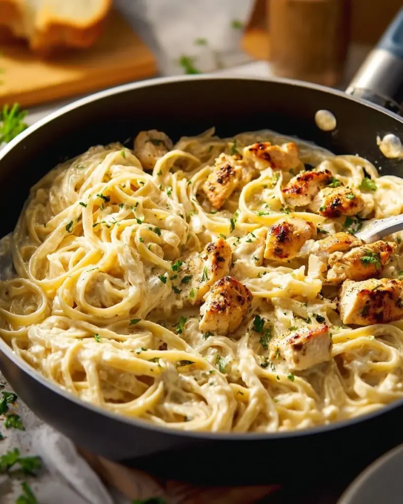 Cremiges Hähnchen Fettuccine Alfredo mit frischen Zutaten auf einem Teller serviert.