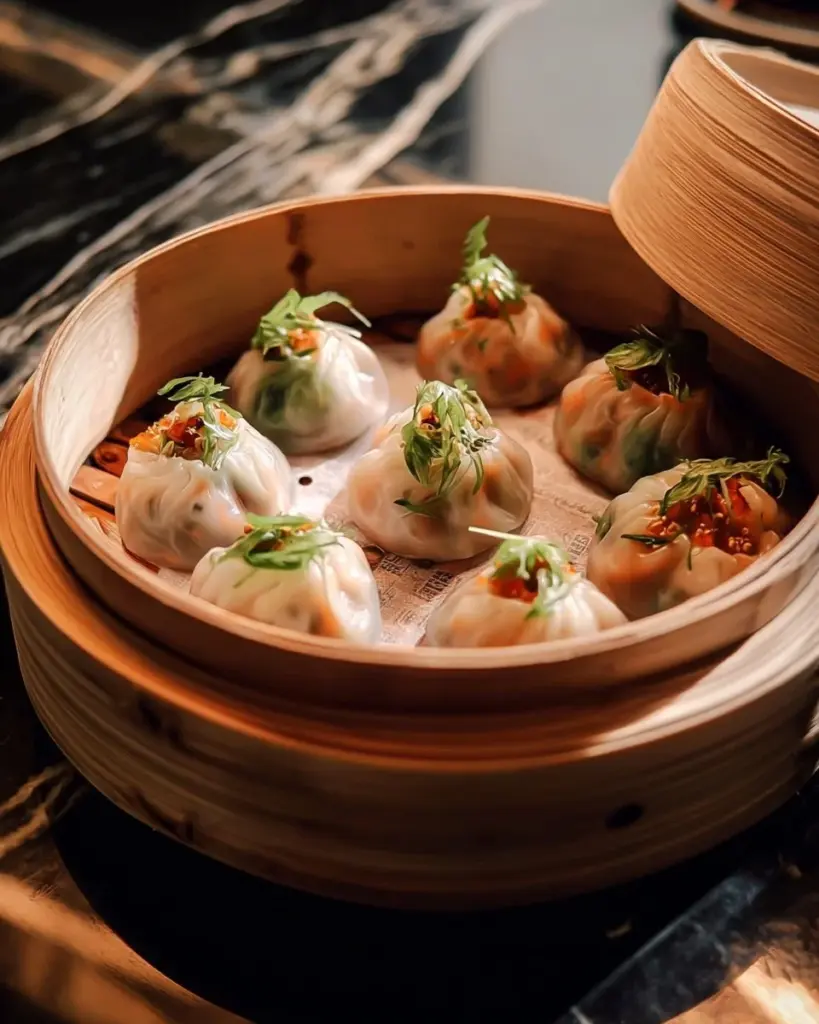 Hausgemachtes Dim Sum auf einem Teller, gefüllt mit verschiedenen Teigtaschen.
