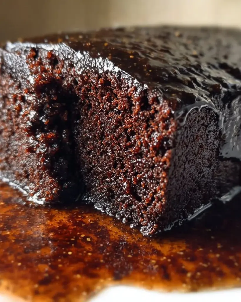 Klebriger Ingwer-Sirup-Kuchen auf einem Teller, dekoriert mit frischem Ingwer.