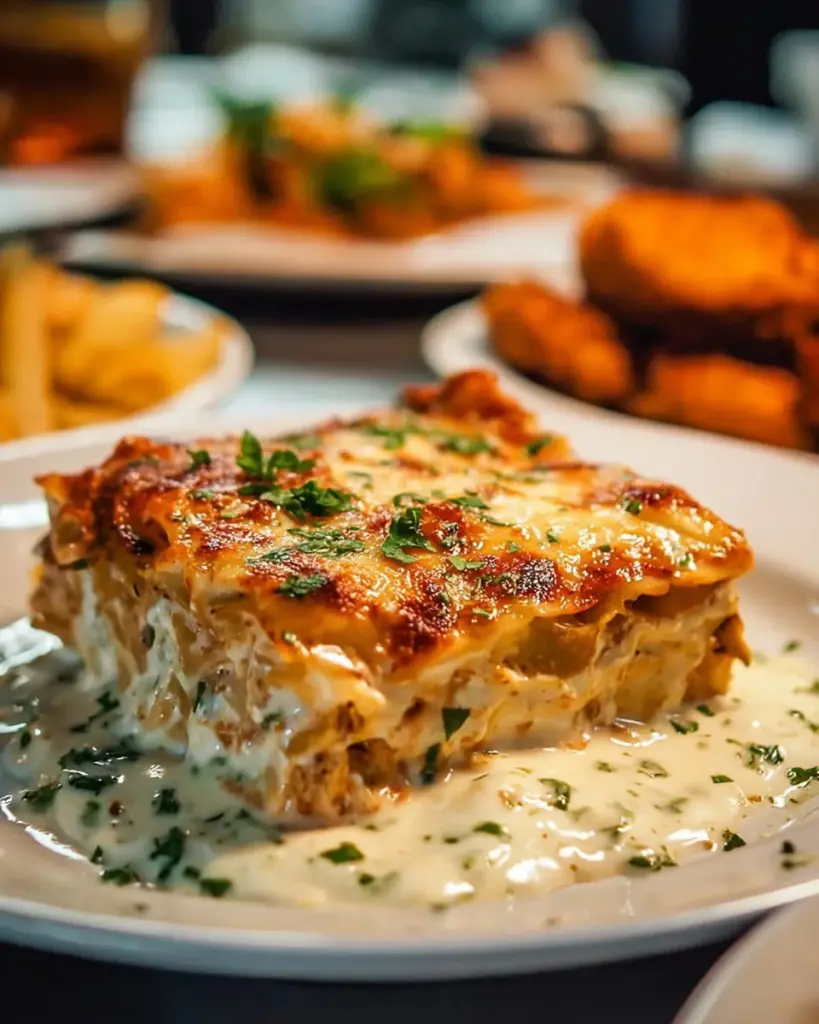 Delicious Alfredo-Hühn-Lasagne mit cremiger Sauce und zarten Hühnchenstücken