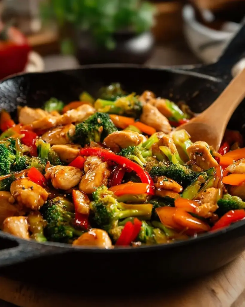 Bratendes Hähnchen-Pfannengericht mit frischem Gemüse und aromatischen Gewürzen.
