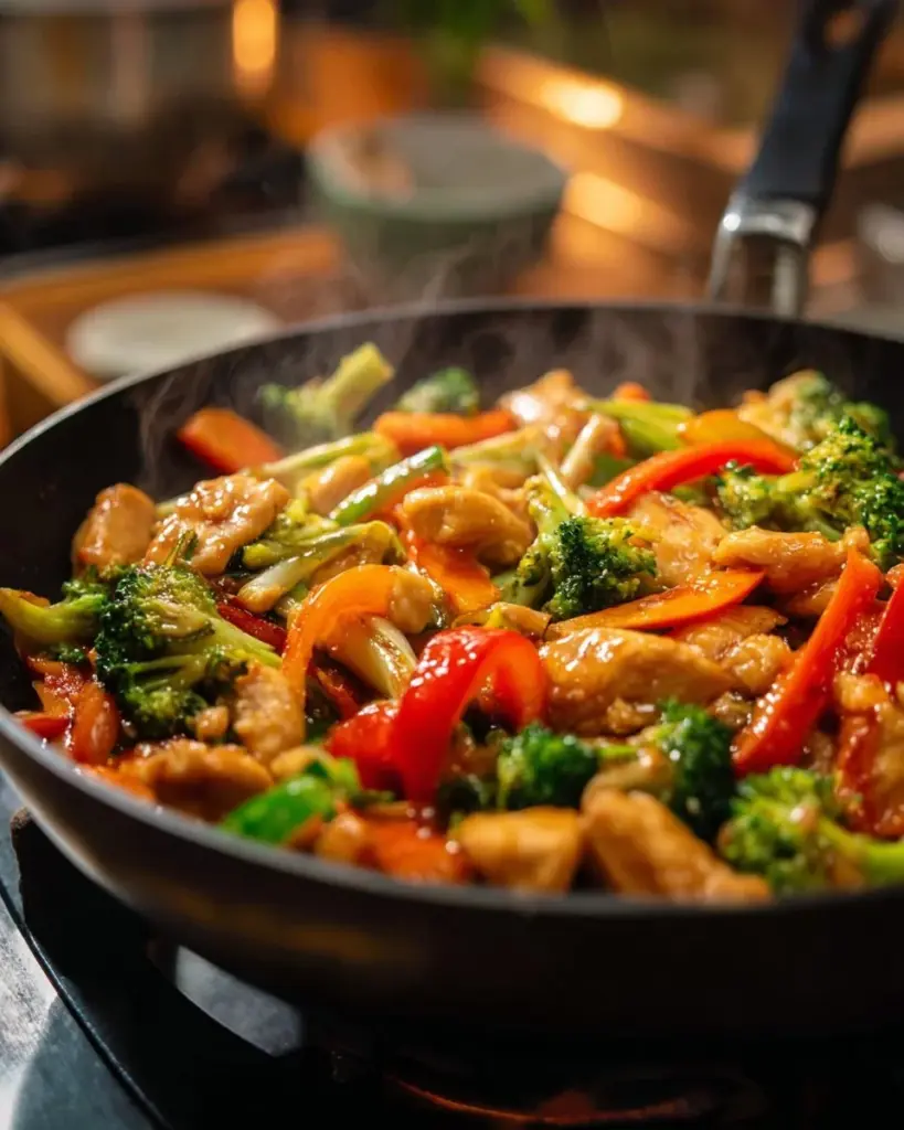 Delicious sizzling chicken stir-fry in a colorful vegetable mix.