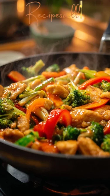 Sizzling Chicken Stir-Fry in German is: Knusprige Hähnchenpfanne