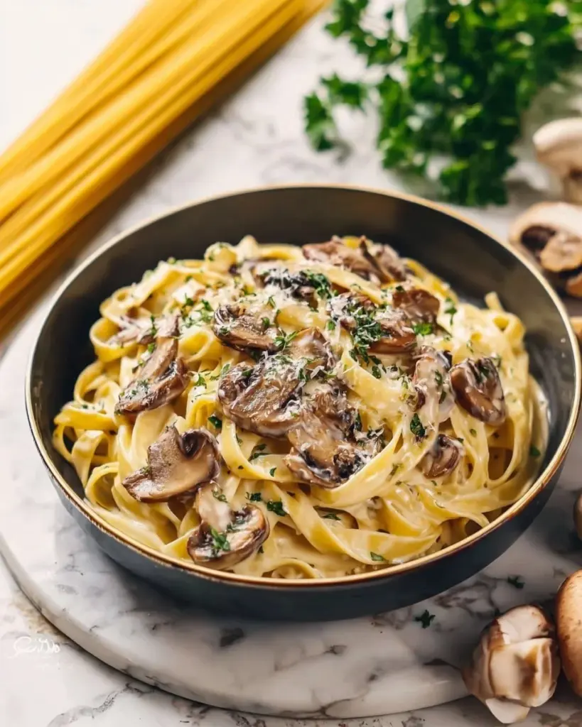 Cremige Pilz-Pasta mit Hühnchen auf einem Teller serviert