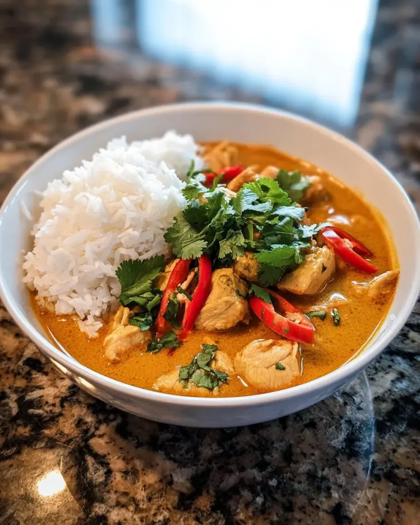 Unwiderstehlich cremiges thailändisches Hühnercurry mit Kokosmilch auf einem Teller serviert.