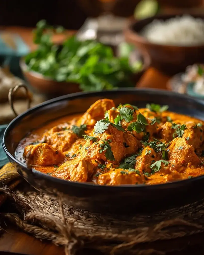Leckeres Hühner-Curry aus dem Slow Cooker serviert mit frischem Koriander.