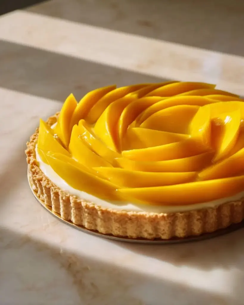 Frische Mangotarte auf einem Teller mit bunten Früchten