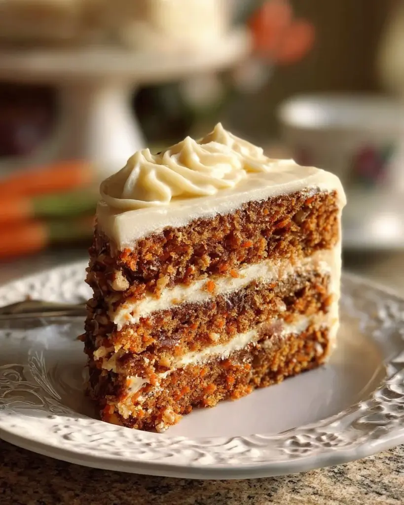 Karottenkuchen mit Frischkäse-Frosting auf einem weißen Teller