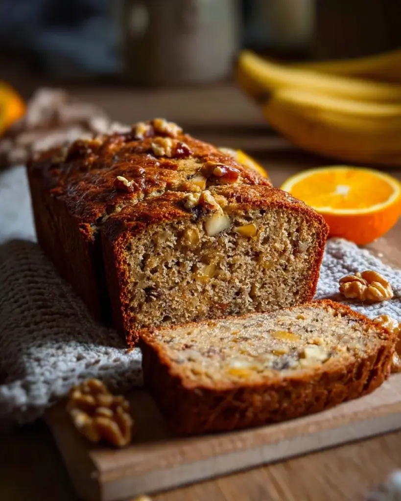 Sliced Walnuss-Bananen-Orangen-Brot auf einem Holzbrett