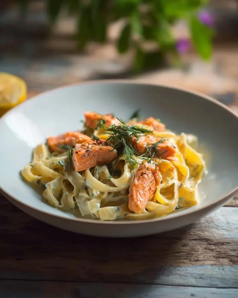 Würzige Zitrone-Dill-Lachs-Pasta mit frischen Zutaten auf einem Teller