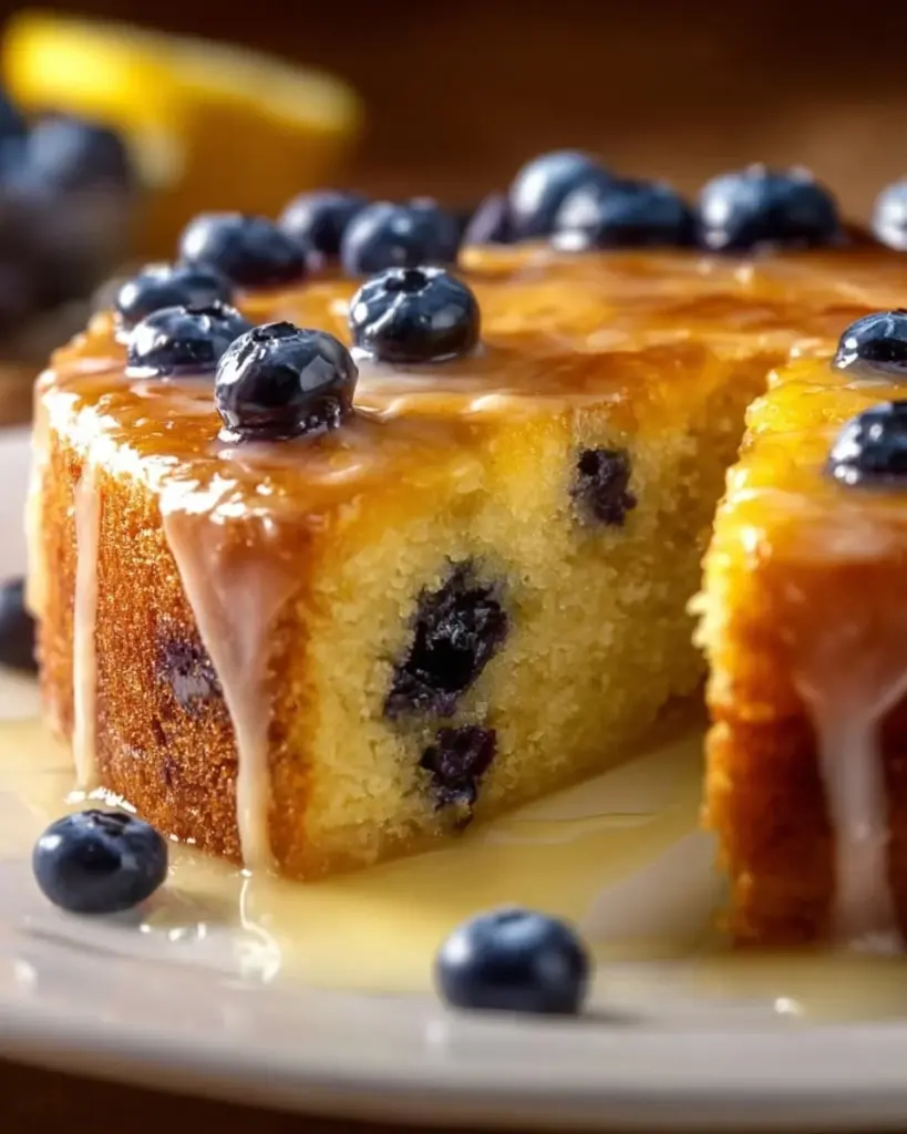 Zitronen-Blaubeer-Pfundkuchen auf einem Tablett, verziert mit frischen Blaubeeren