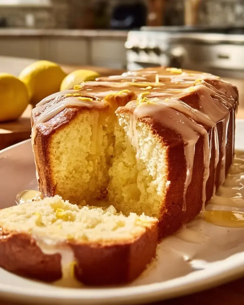 Zitronen-Cream-Cheese-Pfundkuchen auf einem Teller serviert, dekoriert mit Zitronenscheiben.