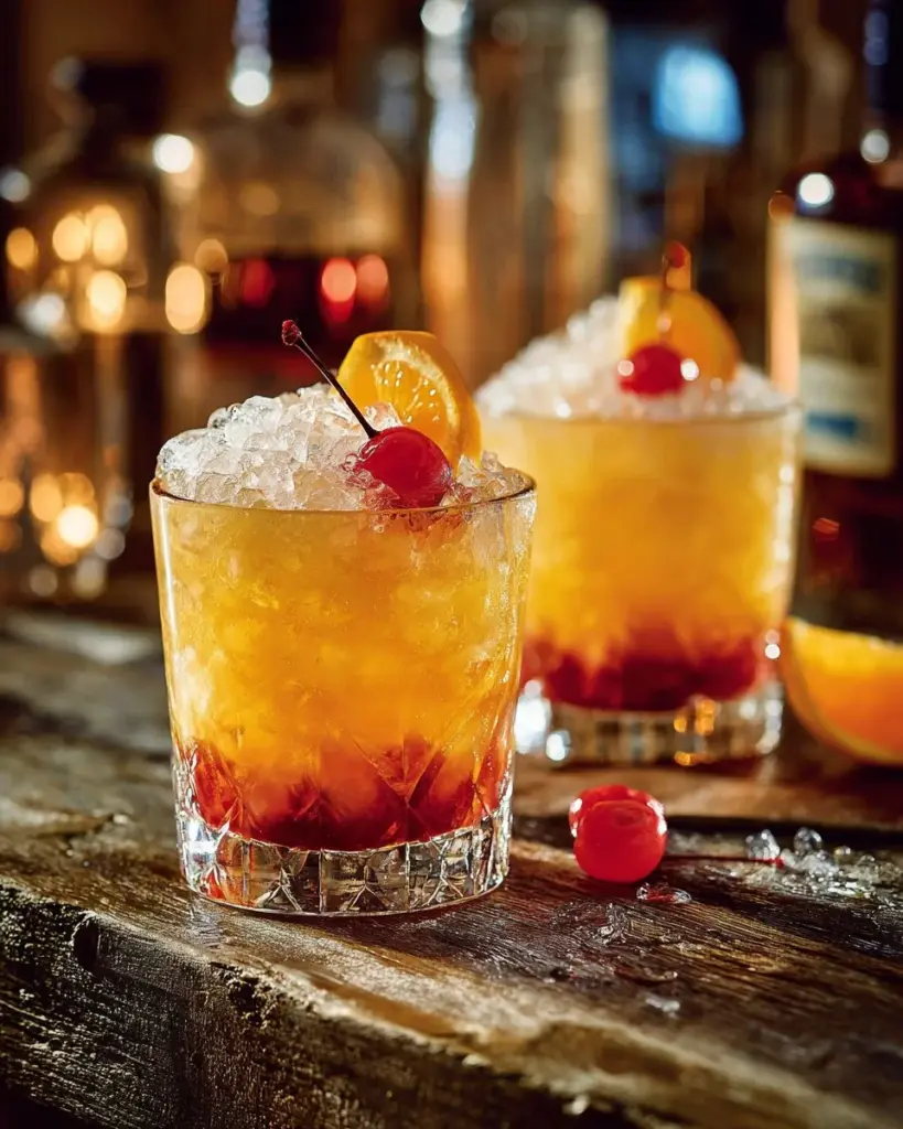 Amaretto Sour Cocktail in einem eleganten Glas mit Zitrone und Kirschgarni.
