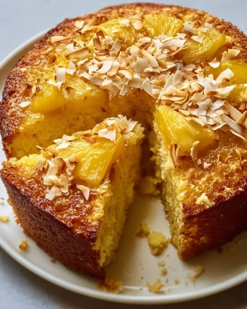 Ananas-Kokos-Gugelhupf frisch gebacken auf einem Teller