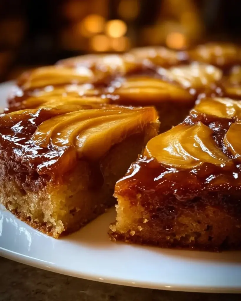 Saftiger Äpfel-Braunbutter-Upside-Down-Kuchen mit karamellisierten Äpfeln.