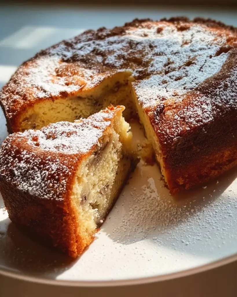 Bananen-Cream-Cheese-Pfundkuchen auf einem Tisch mit frischen Bananen
