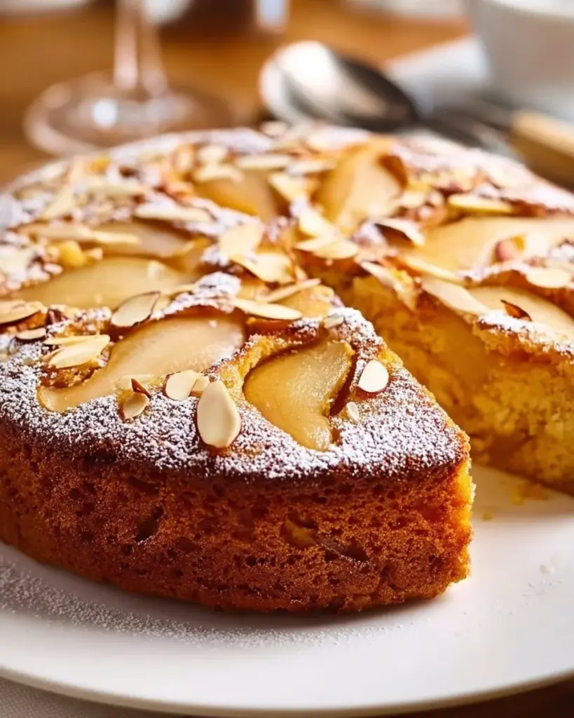 Birnen-Almond-Tee-Kuchen frisch gebacken auf einem Teller.
