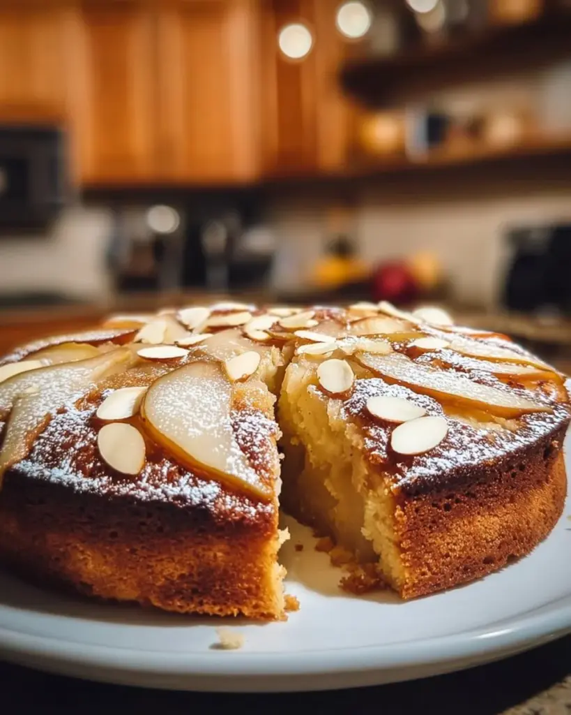Saftiger Birnen-Almondbutter-Kuchen auf einem Teller