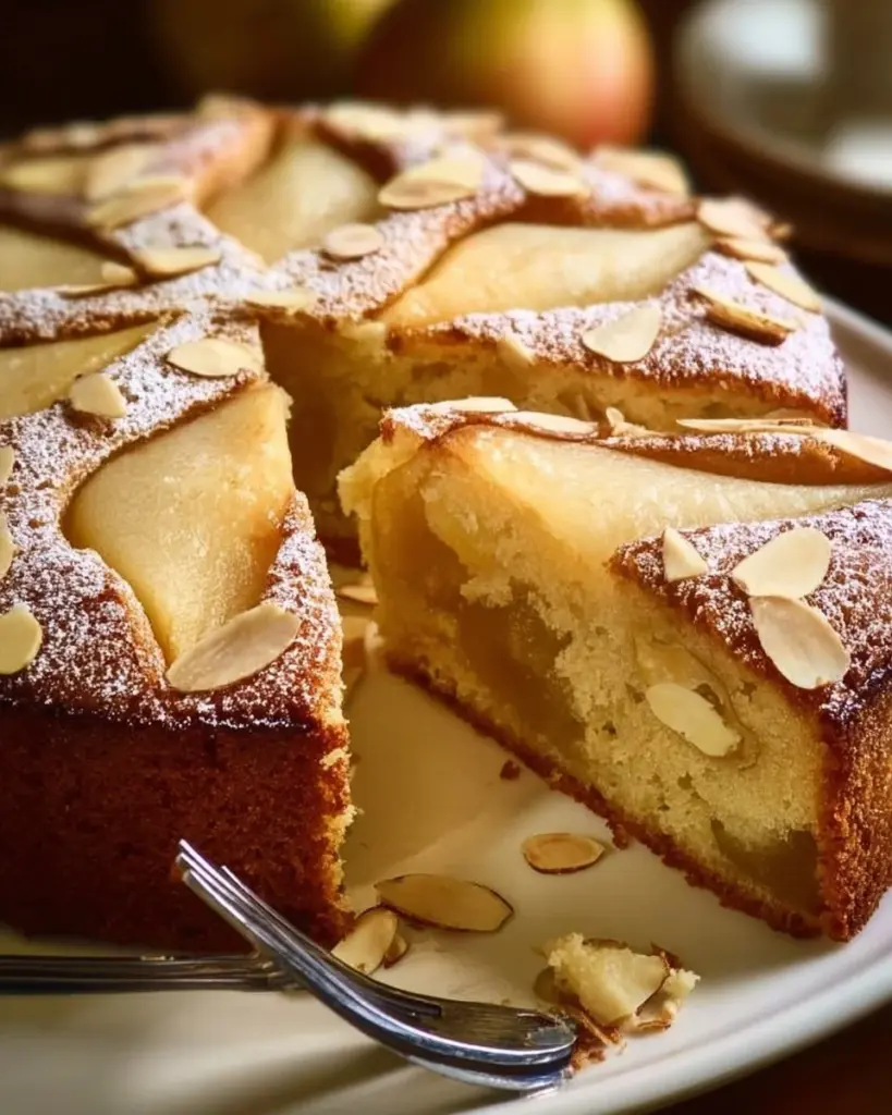 Birnen-Kardamom-Mandelkuchen mit Mandelstückchen und Gewürzen