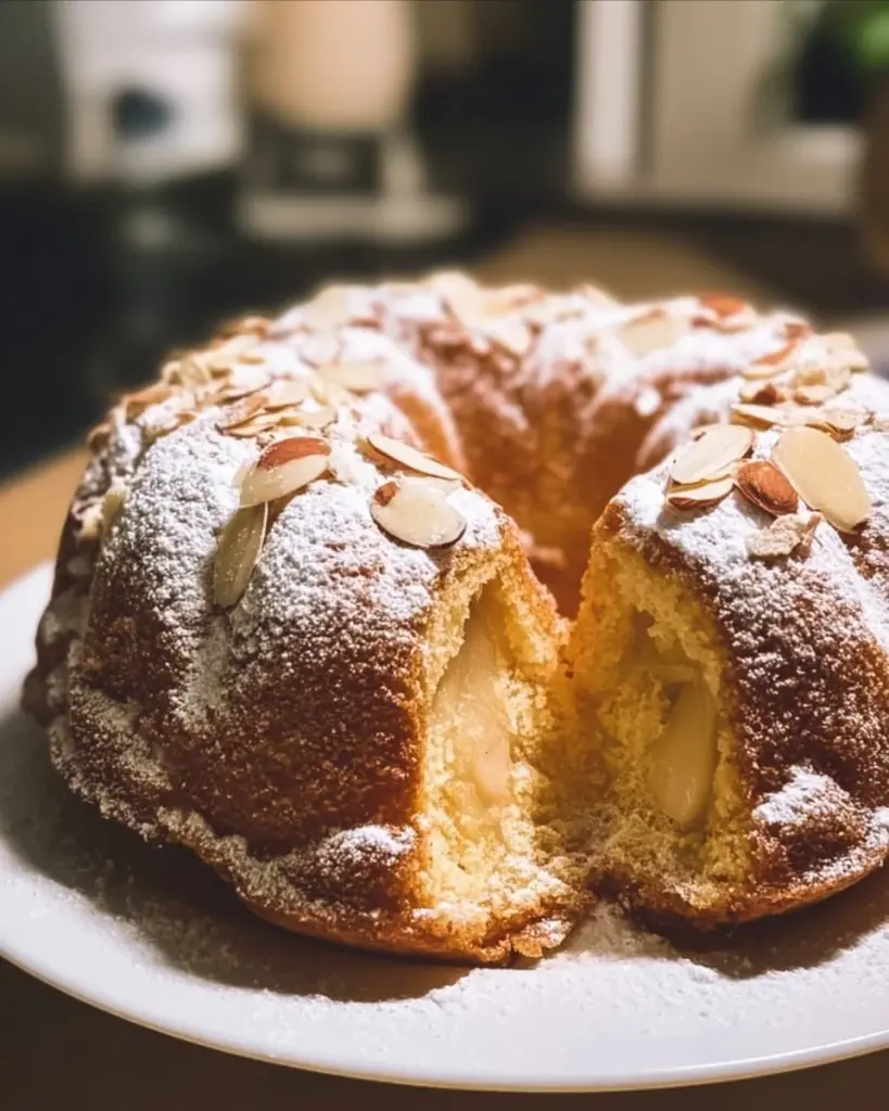 Saftiger Birnen Mandel Gugelhupf mit Birnenstücken und Mandeln