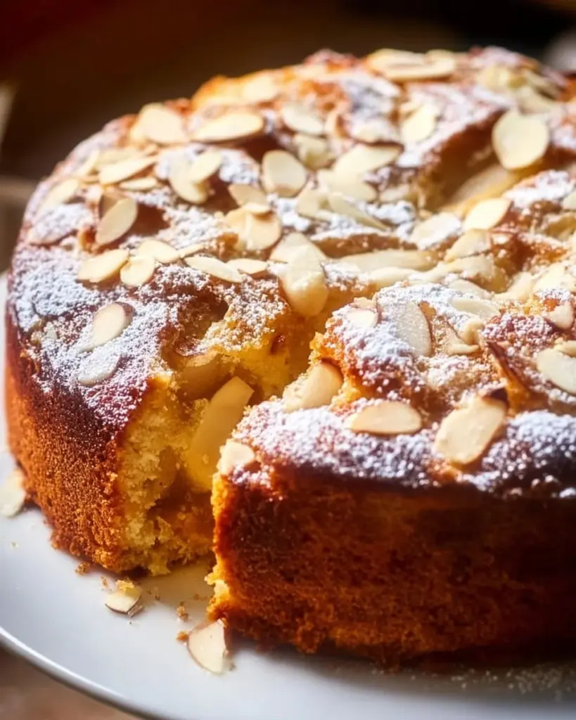 Birnen-Mandel-Olivenöl-Kuchen auf einem Teller serviert
