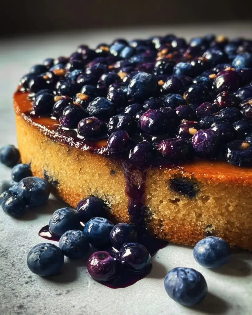 Blaubeer-Ahorn-Umbrochkuchen auf einem Teller mit frischen Blaubeeren