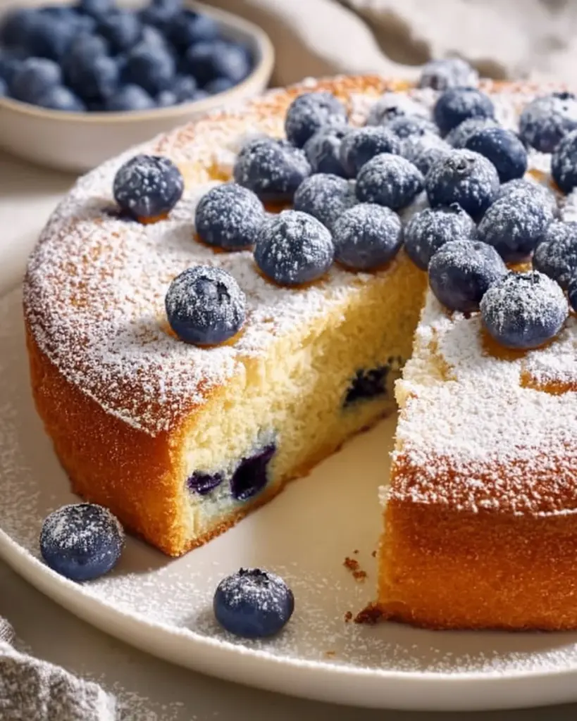 Blaubeer-Jogurt-Kuchen mit frischen Blaubeeren auf einem weißen Teller.