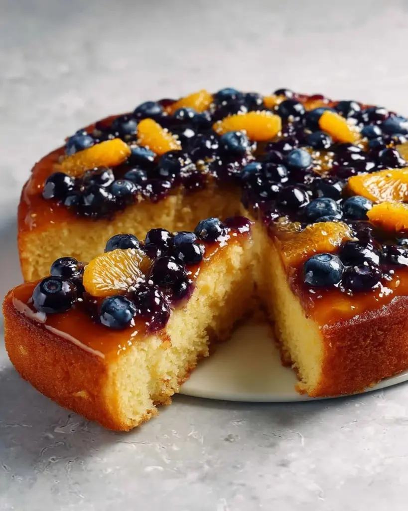 Blaubeer-Orange-Upside-Down-Kuchen mit frischen Beeren und saftigen Orangen