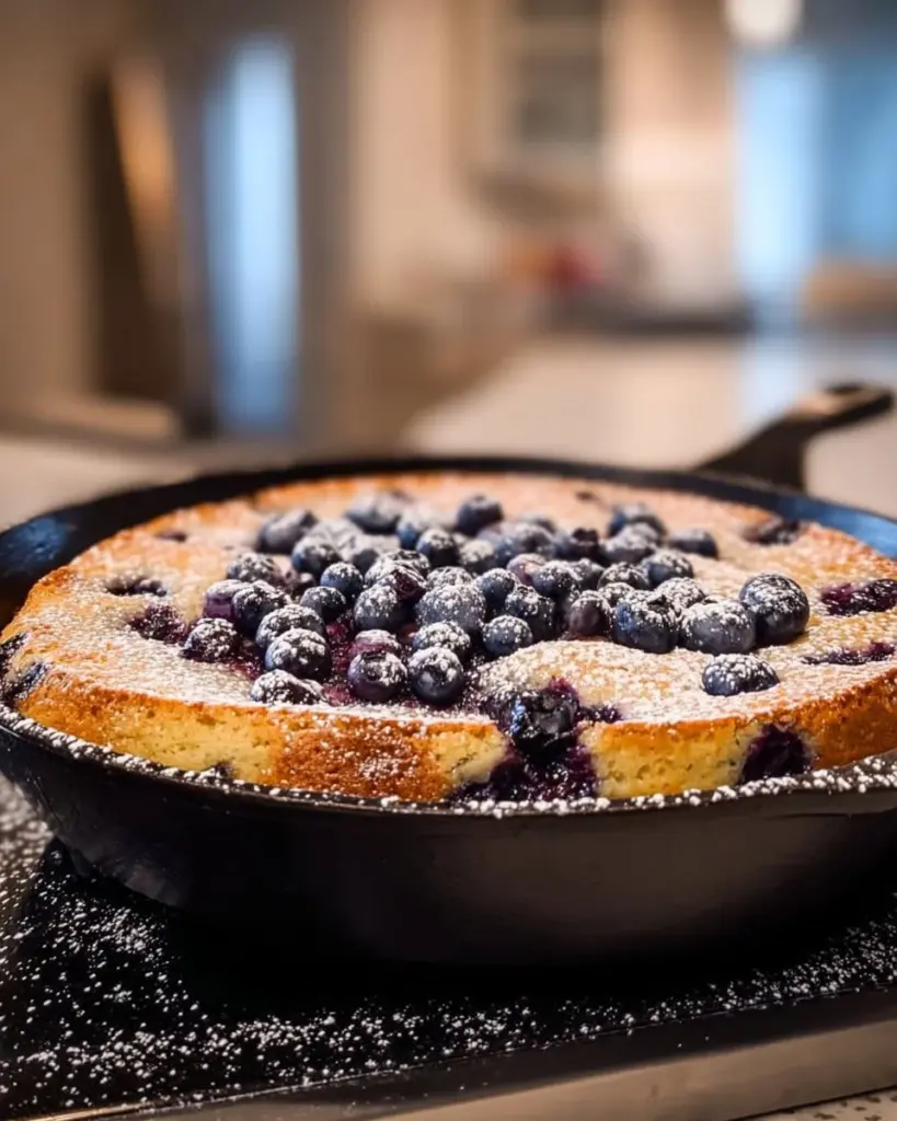 Blaubeer-Pfannen-Kuchen frisch zubereitet auf einem Teller