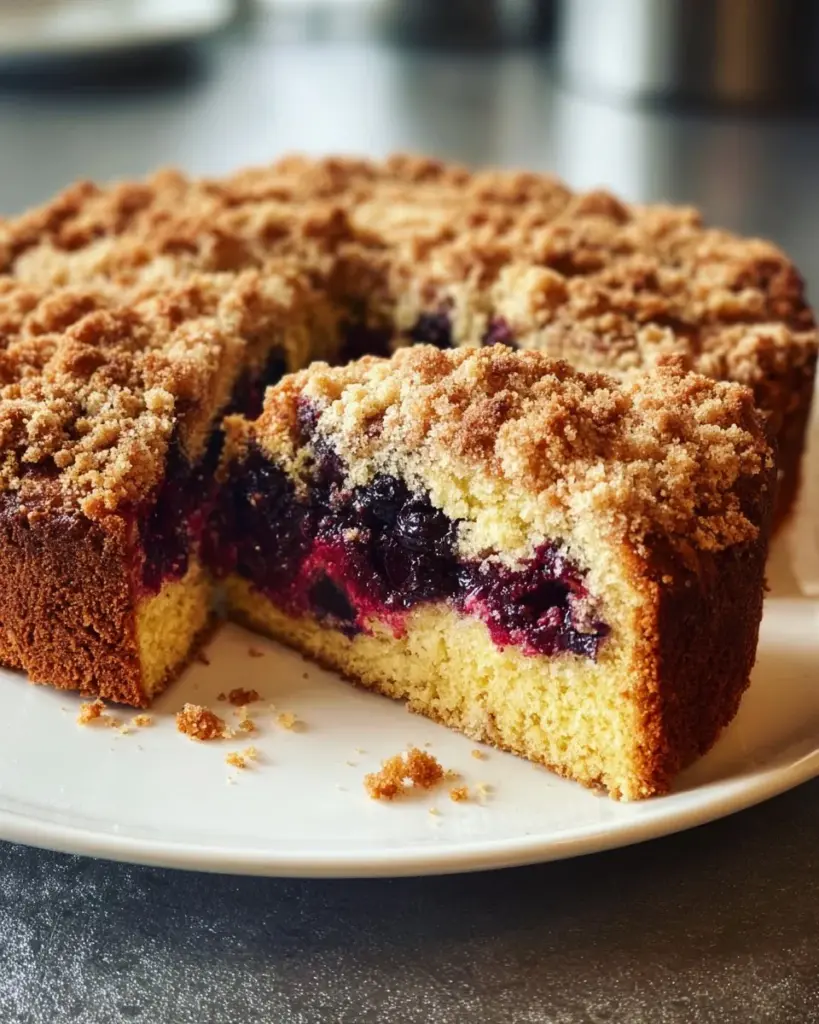 Leckere Stücke von Blaubeer-Streuselkuchen auf einem Teller
