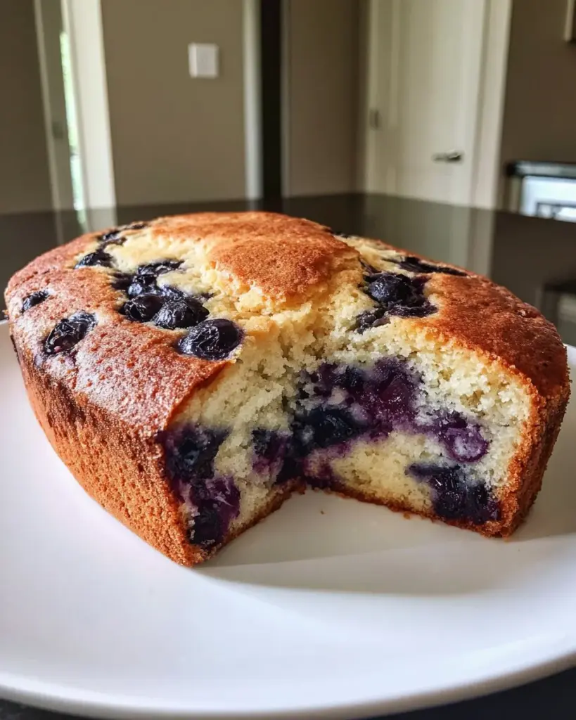 Frischer Blaubeerbutterkuchen auf einem eleganten Teller serviert.