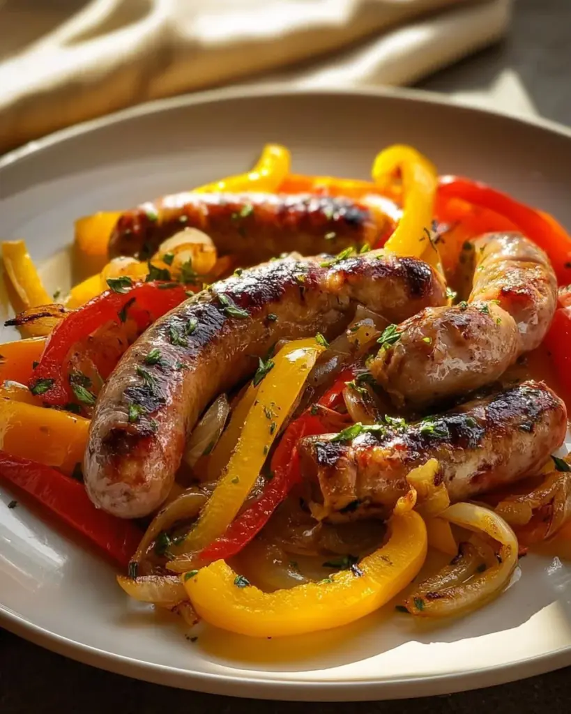 Blechpfannenwurst mit Paprika auf einem Servierteller