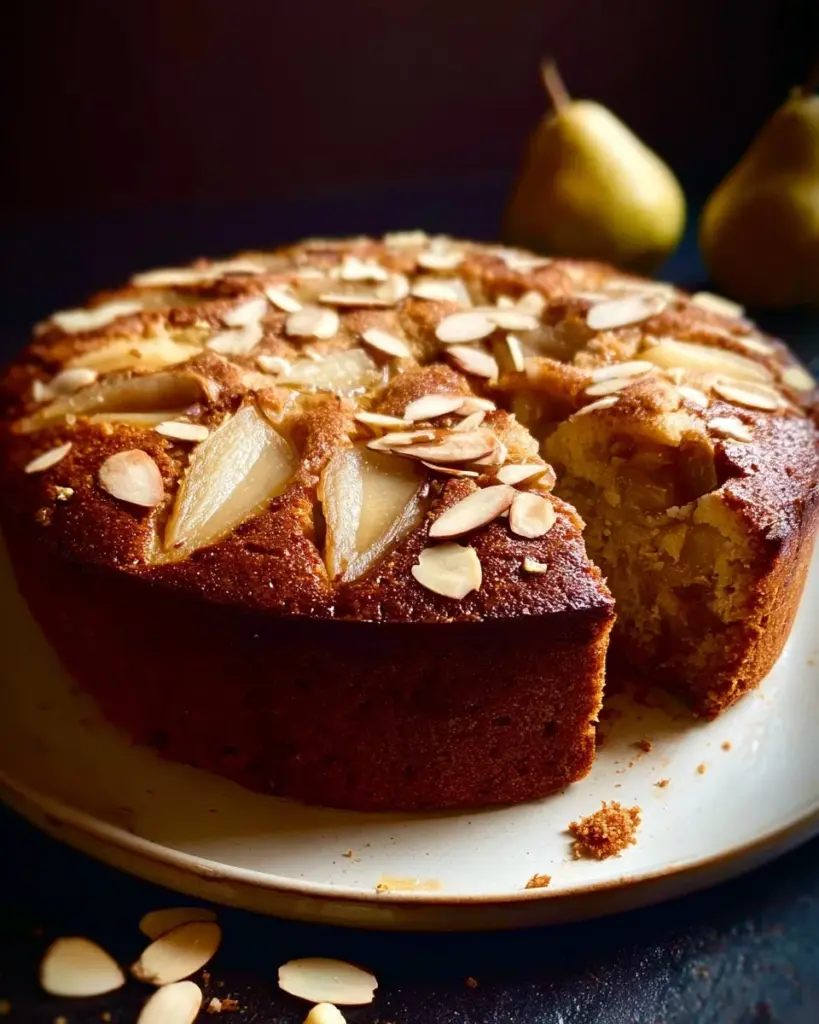 Brauner Butter-Birnen-Mandelkuchen mit goldbrauner Kruste und saftigen Birnen