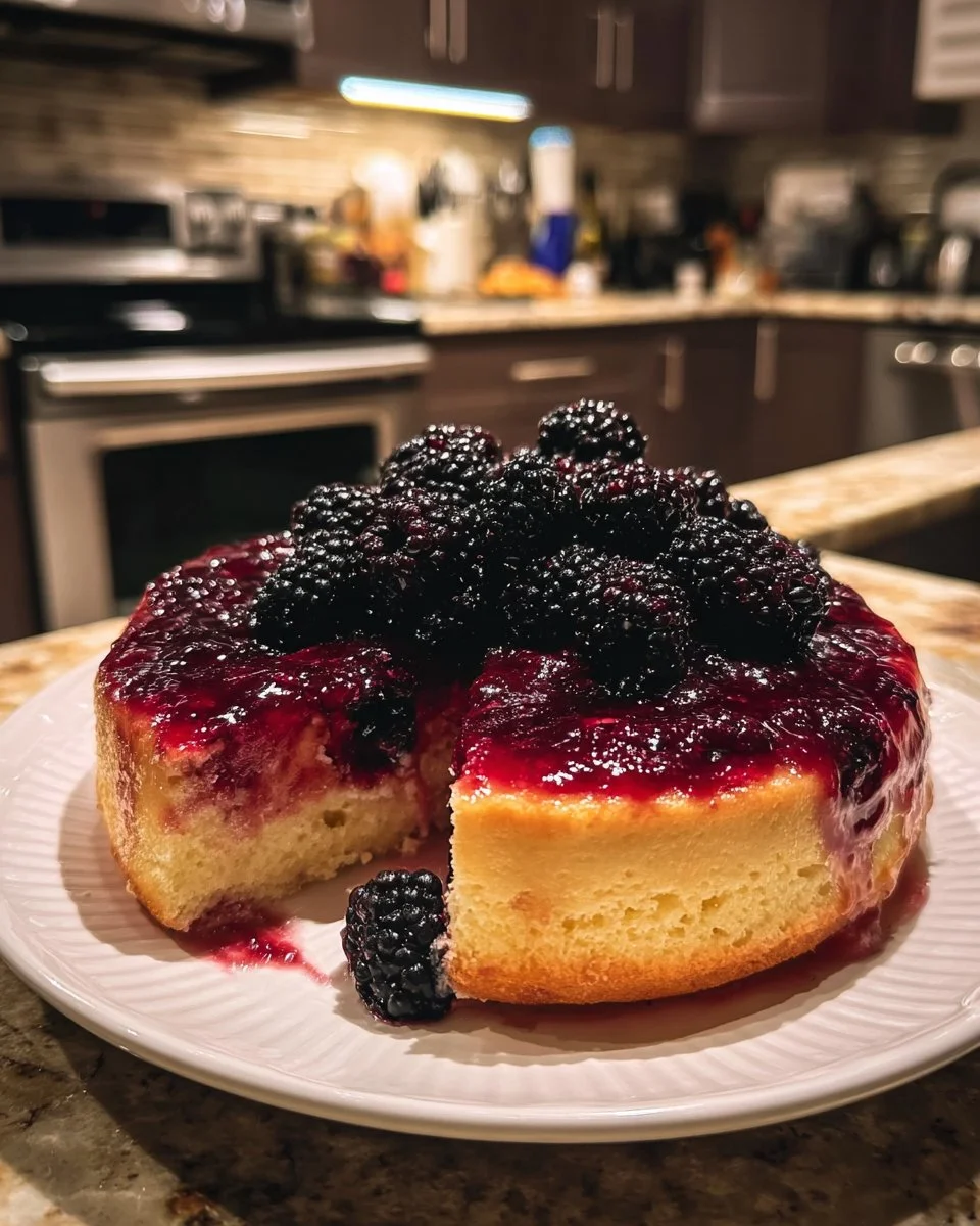 Brombeer-Zitronen-Sirup-Kuchen mit frischen Brombeeren und Zitronenscheiben