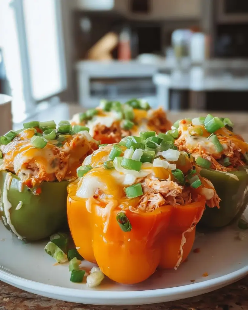 Buffalo-Hühnchen gefüllte Paprika auf einem Teller angerichtet