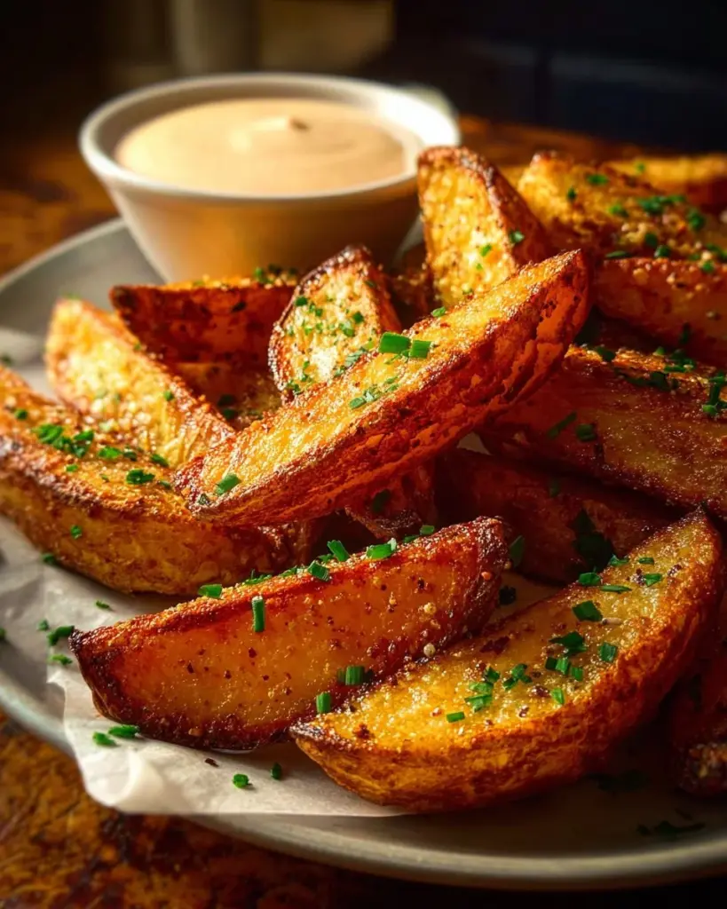 Crispy Kartoffelspalten frisch aus dem Ofen, knusprig und goldbraun gebacken.