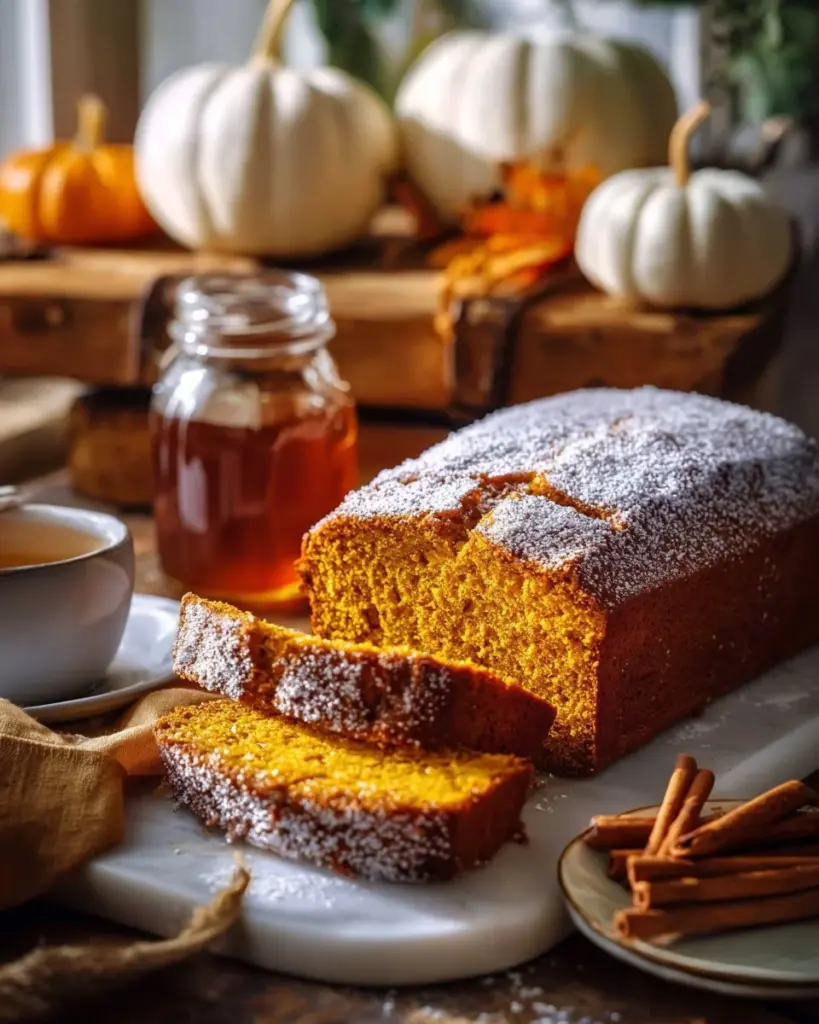 Feuchtes Zimt-Zucker-Kürbisbrot auf einem Holzbrett angereichert mit Zimt und Zucker