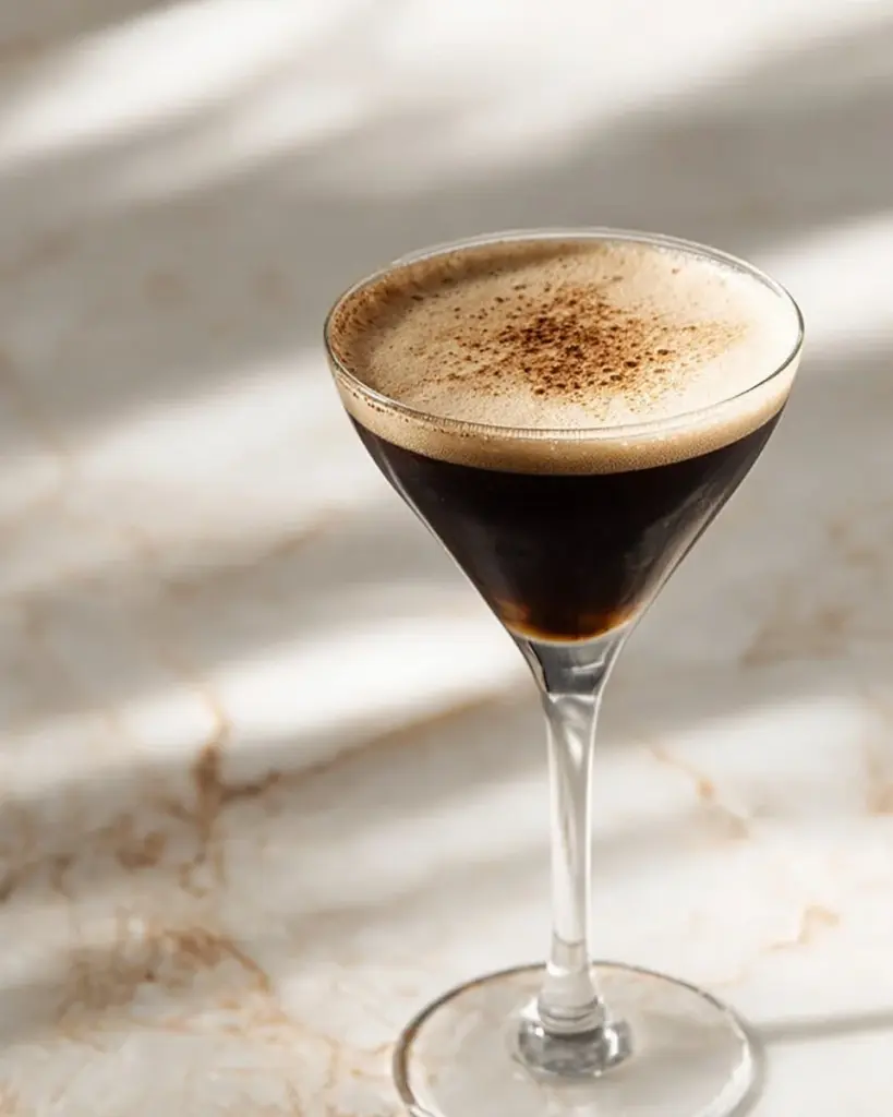 Zwei Espresso Martinis in eleganten Gläsern, garniert mit Kaffeebohnen.