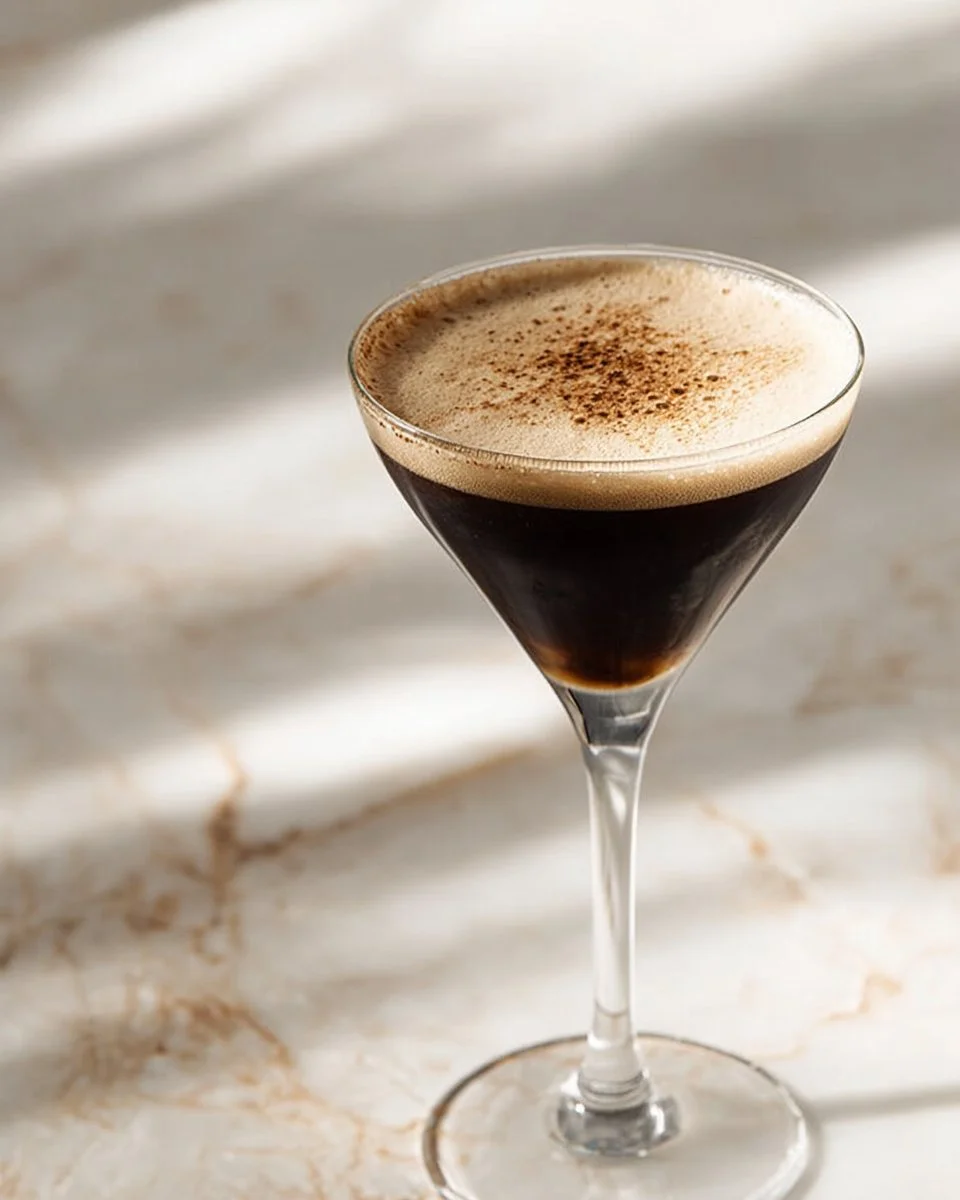 Zwei Espresso Martinis in eleganten Gläsern, garniert mit Kaffeebohnen.